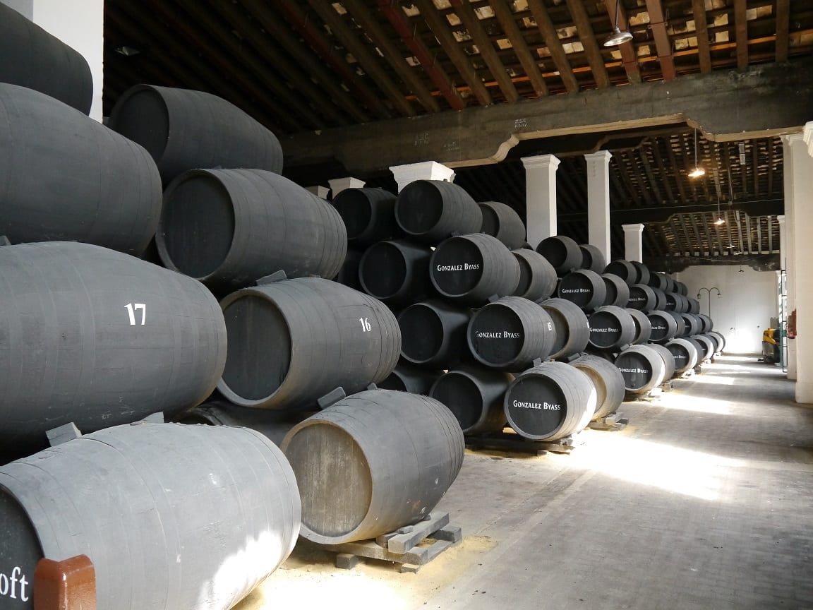 sherry butts in a warehouse