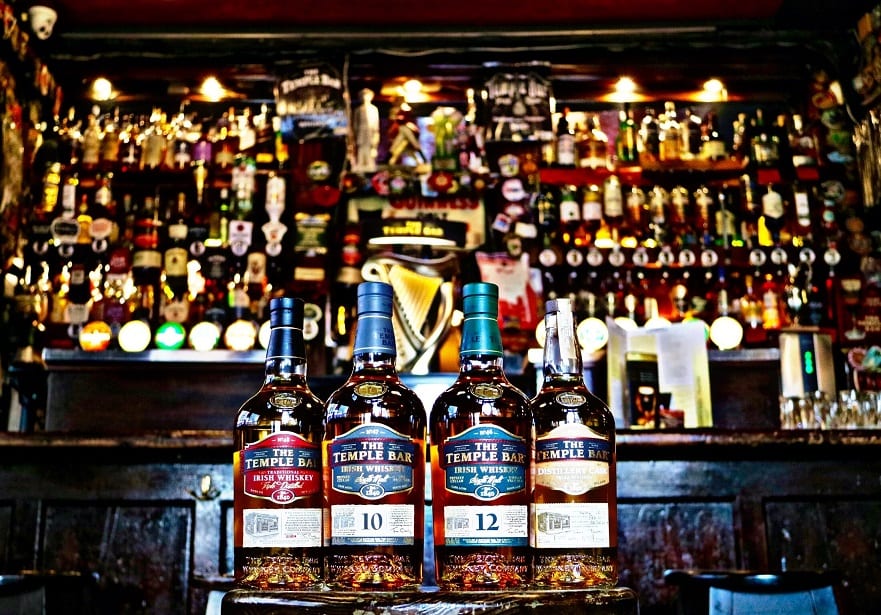 Irish whiskey bottles in a whisky bar