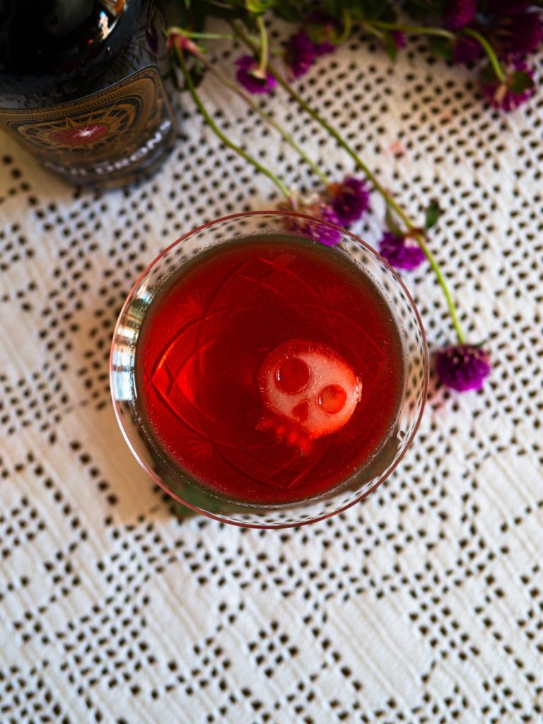 Boulevardier cocktail with a skull ice cube