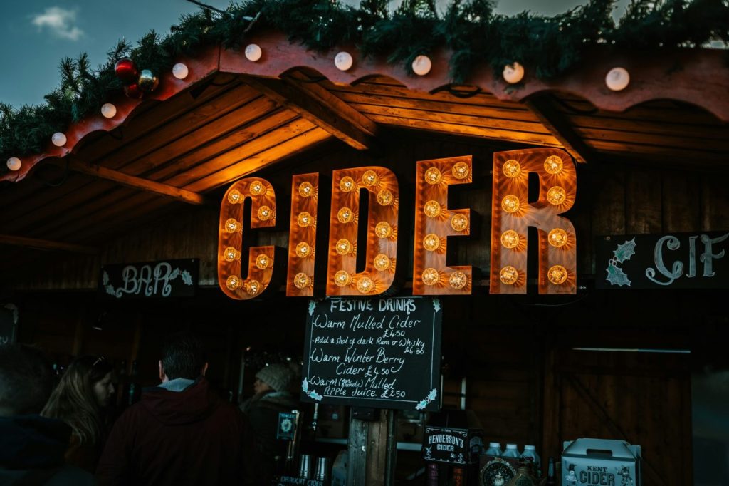 Hot mulled cider stand at Christmas market