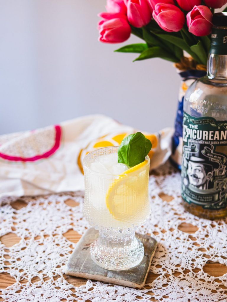 Basil and lemon highball cocktail