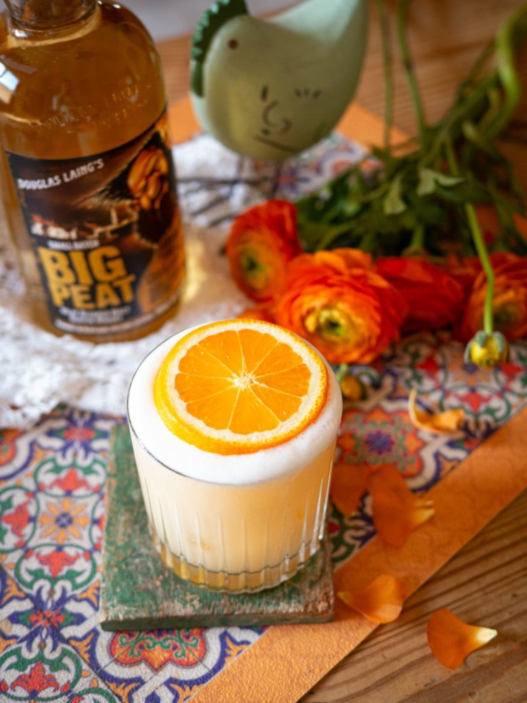 Spring whisky sour with peated whisky