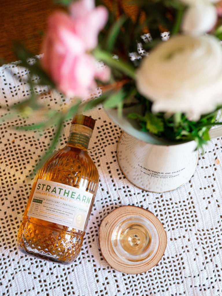Strathearn Highland single malt bottle and tasting glass