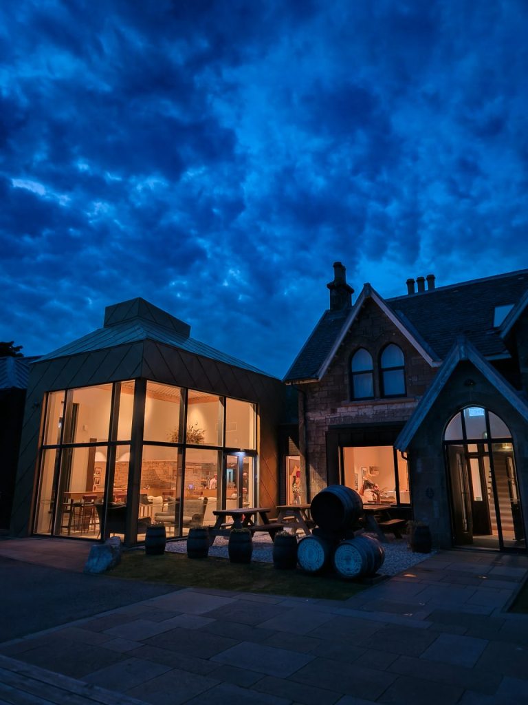 Raasay distillery hotel in the dark
