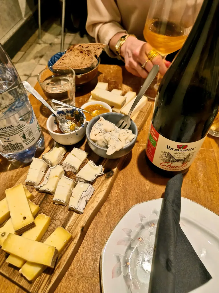 cheese board with biodynamic wine