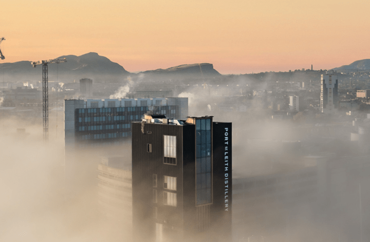 Port of Leith Distillery in the fog with views of edinburgh