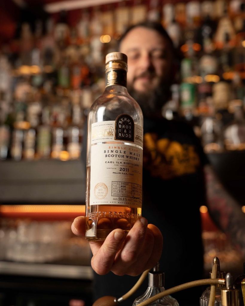 A bottle of Berry Bros & Rubb single malt scotch whisky in a whisky bar in Florence